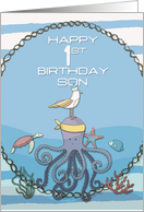 Son 1st Birthday Octopus Seagull Starfish Fun Nautical Scene card