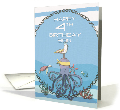 Son 4th Birthday Octopus Seagull Starfish Fun Nautical Scene card