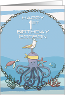 Happy 1st Birthday Godson Octopus,Seagull,Starfish Fun Nautical Scene card
