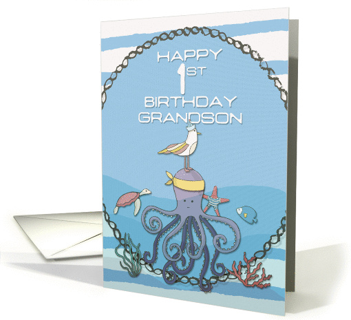 Happy 1st Birthday Grandson Octopus,Seagull,Starfish Fun Nautical card