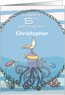 Happy 5th Birthday Custom Name Octopus,Seagull,Starfish Nautical card
