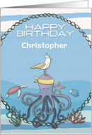 Happy Birthday Custom Name Octopus,Seagull,Starfish Fun Nautical card