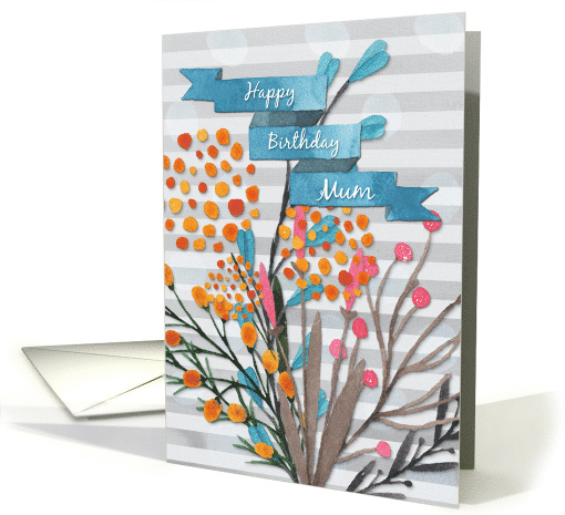 Happy Birthday Mum Pretty Watercolor Effect Flowers and Stripes card
