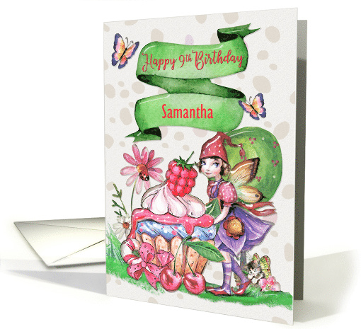 Happy 9th Birthday Custom Name Fairy Cupcake and Flowers card