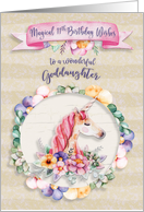 Happy Birthday 11th Birthday to Goddaughter Pretty Unicorn and Flowers card