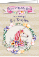 Happy Birthday 4th Birthday to Step Daughter Pretty Unicorn Flowers card