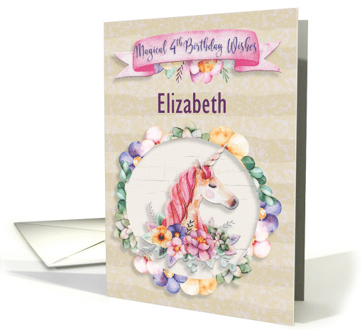 Happy 4th Birthday Custom Name Pretty Unicorn and Flowers card