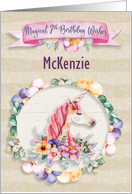 Happy 7th Birthday Custom Name Pretty Unicorn and Flowers card