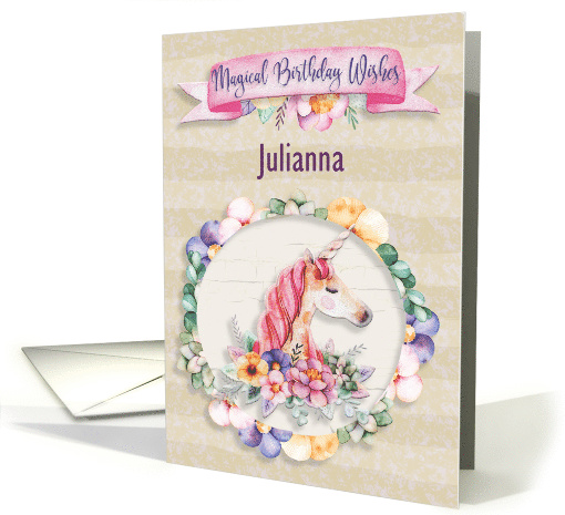 Happy Birthday Custom Name Pretty Unicorn and Flowers card (1505004)