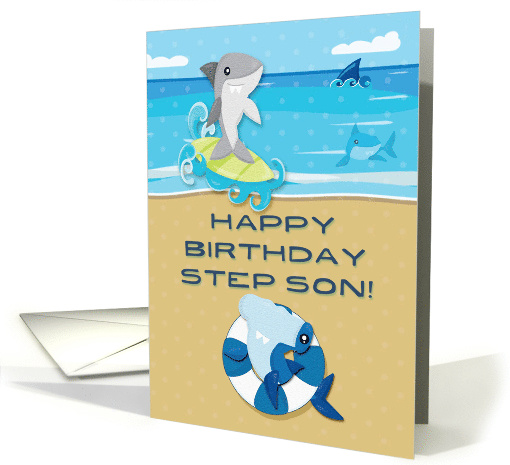 Happy Birthday to Step Son Ocean Scene with Sharks card (1533258)