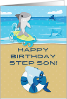 Happy Birthday to Step Son Ocean Scene with Sharks card