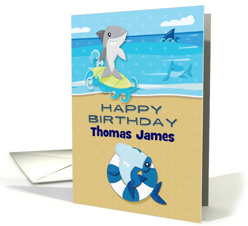 Happy Birthday Custom Name Ocean Scene with Sharks card (1533464)