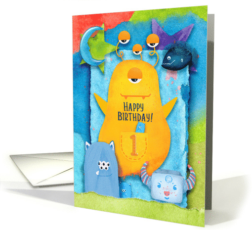Happy 1st Birthday Funny and Colorful Monsters card (1539200)