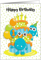 Happy 1st Birthday to Young Child Birthday Cake and Monsters card