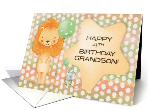 Happy 4th Birthday to Grandson Cute Lion with Balloon and Star card