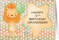 Happy 4th Birthday to Grandson Cute Lion with Balloon and Star card