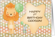Happy 1st Birthday to Godson Cute Lion with Balloons a nd a Mouse card