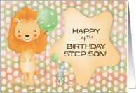 Happy 4th Birthday to Step Son Cute Lion with Balloons a nd a Mouse card