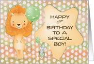 Happy 1st Birthday to a Boy Cute Lion with Balloons and a Mouse card