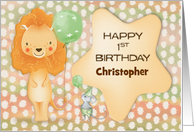 Happy 1st Birthday Custom Name Cute Lion with Balloons and a Mouse card