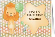 Happy Birthday Custom Name Cute Lion with Balloons and a Mouse card