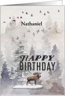 Happy Birthday Custom Name Moose and Trees Woodland Scene card