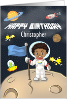 Happy Birthday Custom Name Young African American Boy in Space card