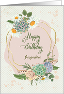 Custom Name Birthday Pretty Floral Wreath with Daisies and Cacti card