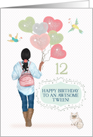 Tween 12th Birthday Young African American Girl and Cat card