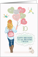 Tween 10th Birthday Young Girl with Balloons and a Cat card