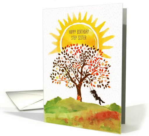 Step Sister Happy Birthday Young Girl Swinging in Pretty Tree card