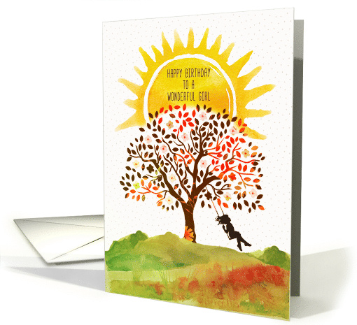 To Young Girl Happy Birthday Girl Swinging in Pretty Tree card