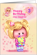 Step Daughter Happy 3rd Birthday Adorable Girl and Cat Fairy card