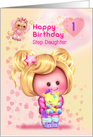 Step Daughter Happy 1st Birthday Adorable Girl and Cat Fairy card