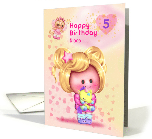 Niece Happy 5th Birthday Adorable Girl and Cat Fairy card (1685568)