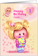 Cousin Happy 1st Birthday Adorable Girl and Cat Fairy card