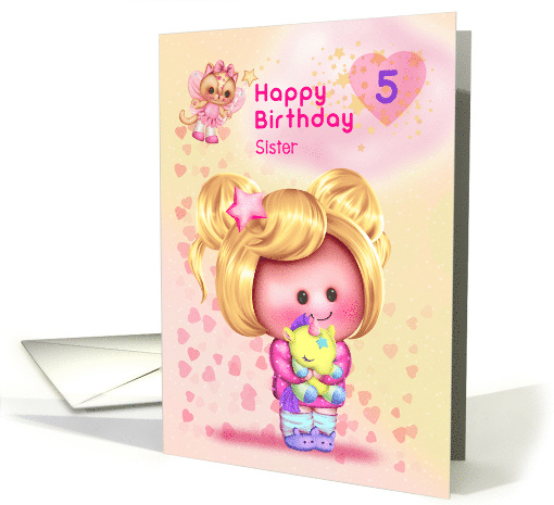 Sister Happy 5th Birthday Adorable Girl and Cat Fairy card (1689860)