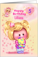 Little Girl Happy 5th Birthday Custom Name Adorable Girl and Cat Fairy card