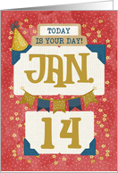 January 14th Birthday Date Specific Happy Birthday Party Hat and Stars card