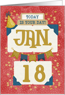 January 18th Birthday Date Specific Happy Birthday Party Hat and Stars card