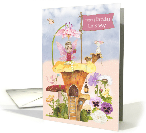 Young Girl Custom Name Birthday with Cute Fairy Flowers and Mice card