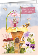Little Sister Birthday with Cute Fairy Flowers and Mice card