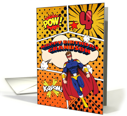 Grandson 4th Birthday Superhero Comic Strip Scene card (1741576)
