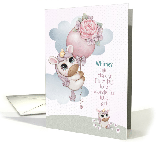Custom Name Little Girl Birthday Greetings with Unicorns card