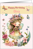 Olivia Birthday Custom Name Pretty Fairy Girl and Butterflies card