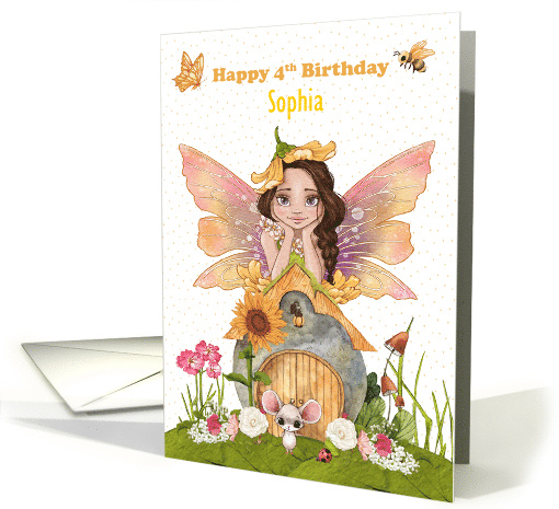 Sophia 4th Birthday Custom Name with Pretty Fairy and Friends card