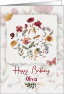 Olivia Birthday Wishes Custom Name Delicate Flowers and Butterfly card