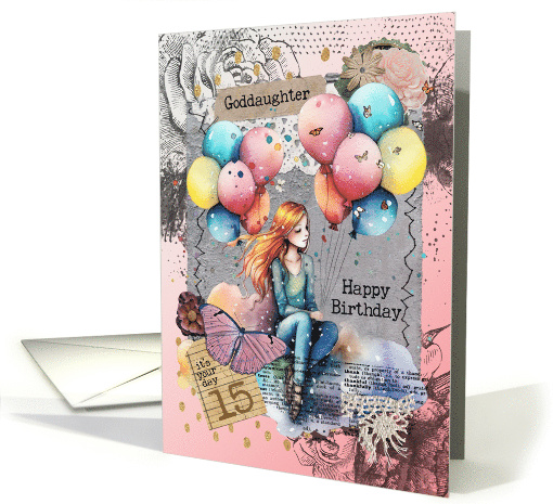 Goddaughter 15th Birthday Teen Girl with Balloons Mixed Media card