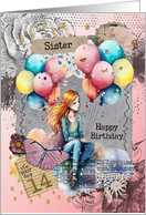 Sister 14th Birthday Teen Girl with Balloons Mixed Media card