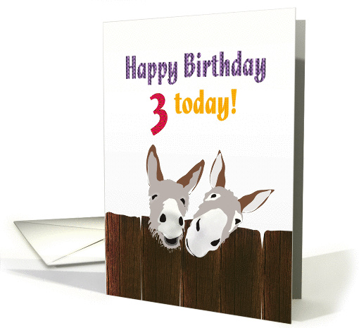 3rd birthday, Donkeys looking over wooden fence card (1028233)